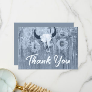 Rustic Dusty Blue Sunflowers Bull Skull Thank You Card