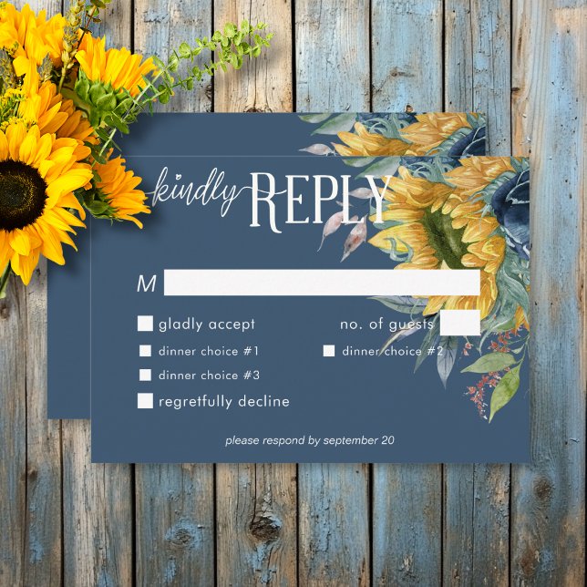 Rustic Dusty Blue Sunflowers Wedding Dinner RSVP Card (Rustic Dusty Blue Sunflowers Wedding Dinner RSVP Card)