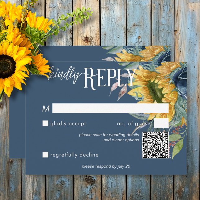 Rustic Dusty Blue Sunflowers Wedding QR Code RSVP Card (Rustic Dusty Blue Sunflowers Wedding QR Code RSVP Card)