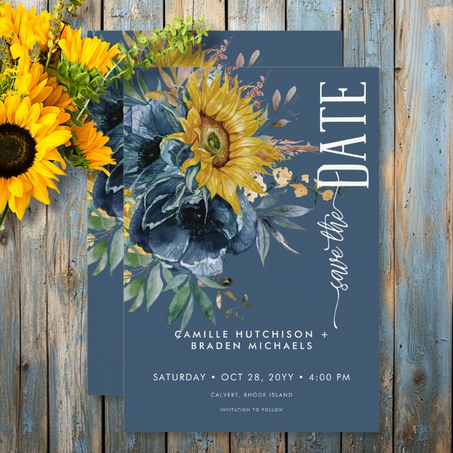Rustic Dusty Blue Sunflowers Wedding Save The Date (Rustic Dusty Blue Sunflowers Wedding Save The Date)