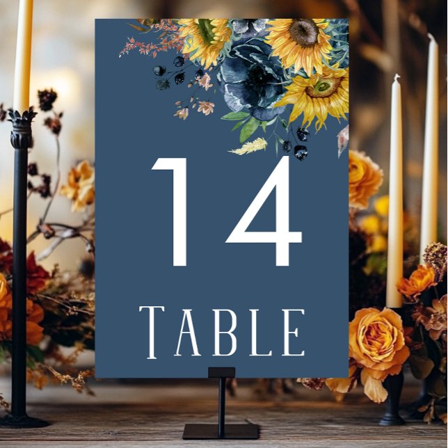 Rustic Dusty Blue Sunflowers Wedding Table Number (Creator Uploaded)