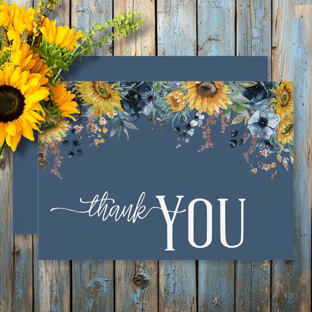 Rustic Dusty Blue Sunflowers Wedding Thank You Card (Rustic Dusty Blue Sunflowers Wedding Thank You Card)