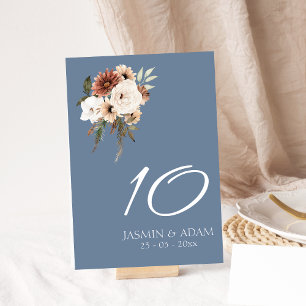 Rustic Dusty Blue Terracotta Floral Wedding Table Number