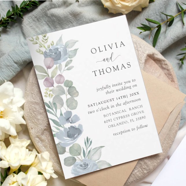 Rustic Dusty Blue Watercolor Floral Wedding Invitation (Creator Uploaded)