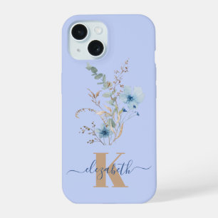 rustic dusty Blue watercolor flower bouquet iPhone 15 Case