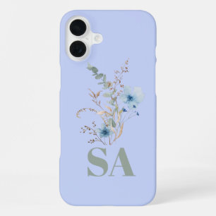 rustic dusty Blue watercolor flower bouquet iPhone 16 Plus Case