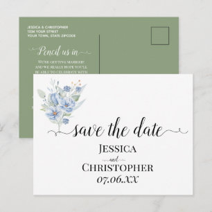 rustic dusty blue watercolor flowers & leaves announcement postcard