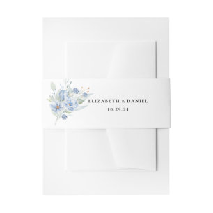 Rustic Dusty Blue Watercolor Flowers & Leaves Invitation Belly Band
