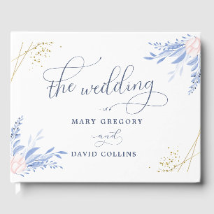 Rustic Dusty Blue Watercolor Leaves Gold Wedding Guest Book
