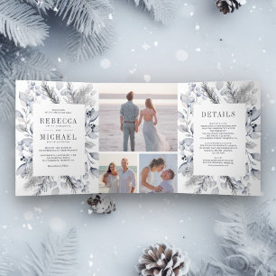 Rustic Dusty Blue Watercolor Leaves Winter Wedding Tri-Fold Invitation