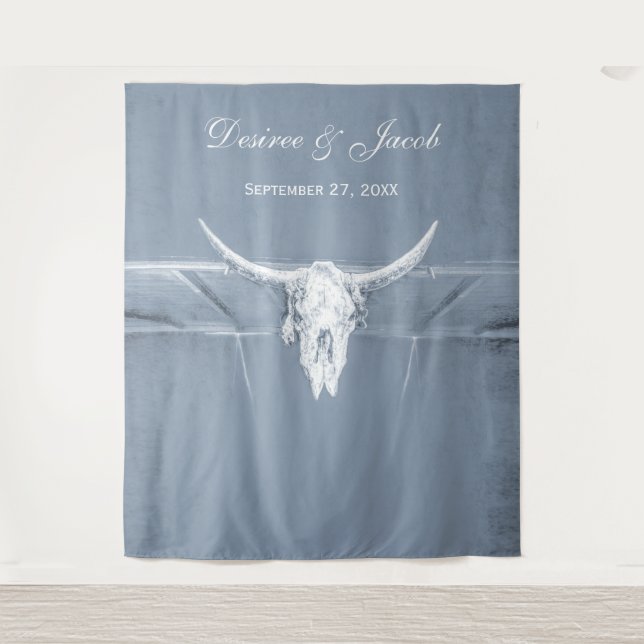 Rustic Dusty Blue White Western Cow Skull Backdrop Tapestry (Front)