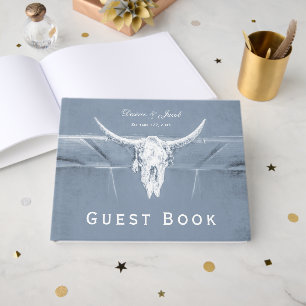 Rustic Dusty Blue White Western Cow Skull Wedding Guest Book