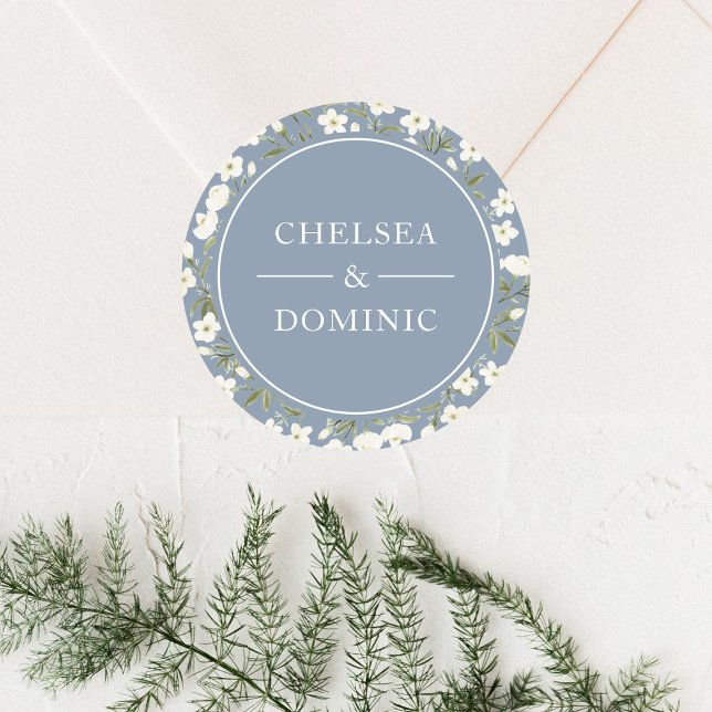 Rustic Dusty Blue White Wildflowers Wedding Favour Classic Round Sticker (Creator Uploaded)