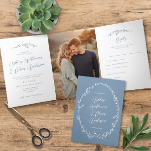Rustic Dusty Blue Wildflower Boho Photo Wedding Tri-Fold Invitation