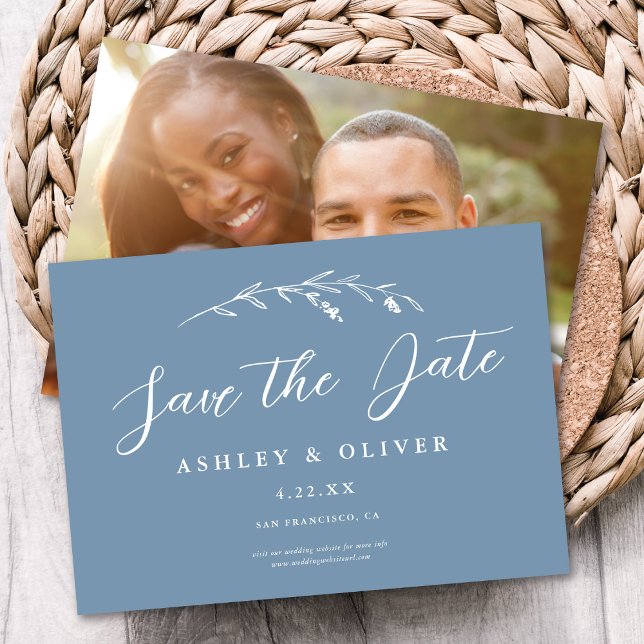 Rustic Dusty Blue Wildflower + Photo Save The Date Invitation (Creator Uploaded)