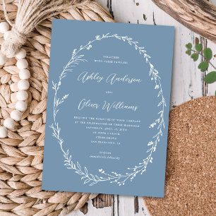 Rustic Dusty Blue Wildflower Wreath Wedding Invitation