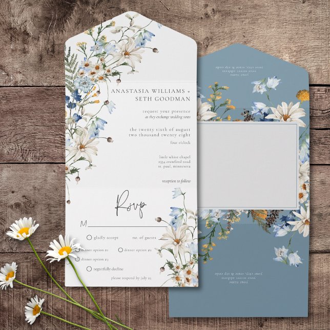 Rustic Dusty Blue Wildflowers & Daisies Dinner All In One Invitation (Rustic Dusty Blue Wildflowers & Daisies All In One Wedding Invitation with Dinner Options)