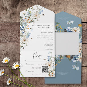 Rustic Dusty Blue Wildflowers & Daisies QR Code All In One Invitation