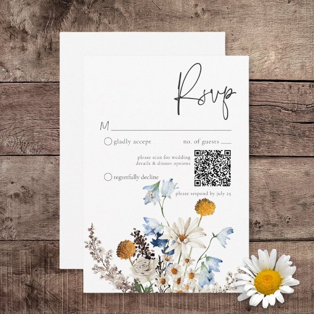 Rustic Dusty Blue Wildflowers & Daisies QR Code RSVP Card (Creator Uploaded)