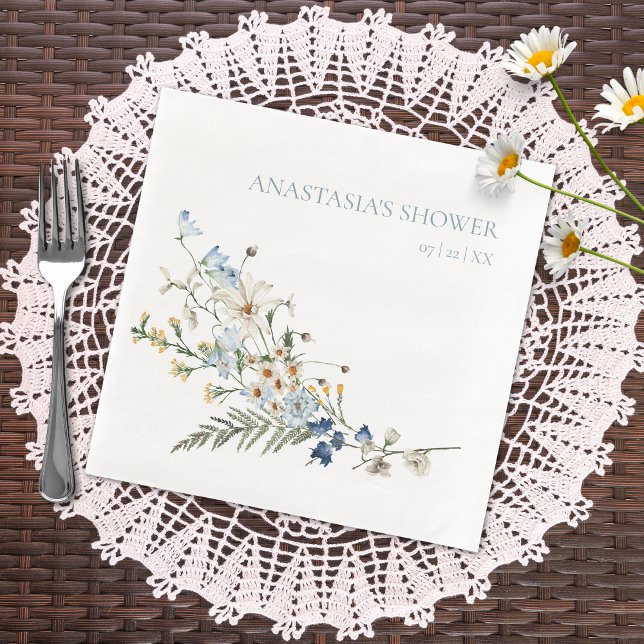 Rustic Dusty Blue Wildflowers & Daisies Shower Napkin (Creator Uploaded)