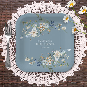 Rustic Dusty Blue Wildflowers & Daisies Shower Paper Plate