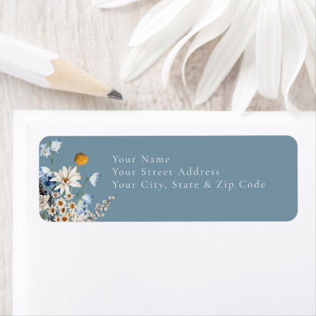 Rustic Dusty Blue Wildflowers & Daisies Shower Return Address Label (Insitu)