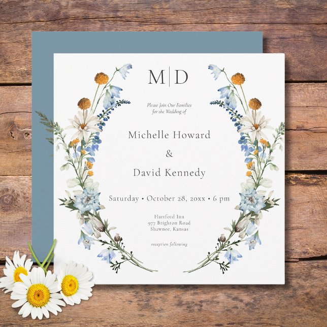 Rustic Dusty Blue Wildflowers & Daisies Square Invitation (Rustic Dusty Blue Wildflowers & Daisies Square Wedding Invitation)