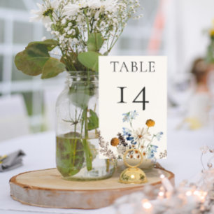 Rustic Dusty Blue Wildflowers & Daisies Wedding Table Number