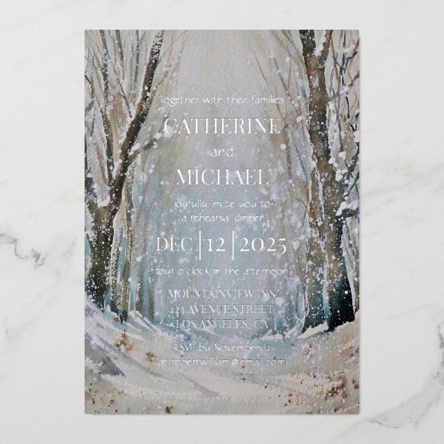 Rustic Dusty Blue Winter Forest Watercolor Wedding (Front)