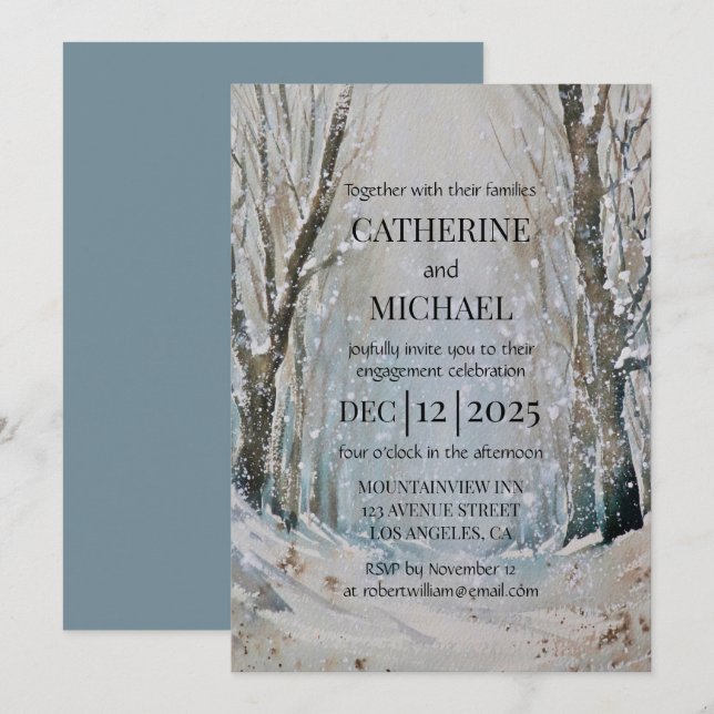 Rustic Dusty Blue Winter Forest Watercolor Wedding Invitation (Front/Back)