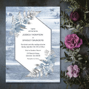 Rustic Dusty Blue Wood Botanical Wedding Invitation