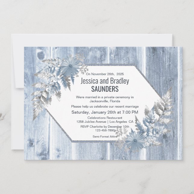 Rustic Dusty Blue Wood Botanical Wedding Reception Invitation (Front)