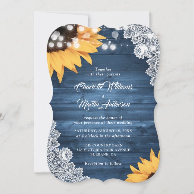 Rustic Dusty Blue Wood Lace Sunflower Wedding Invitation (Front)