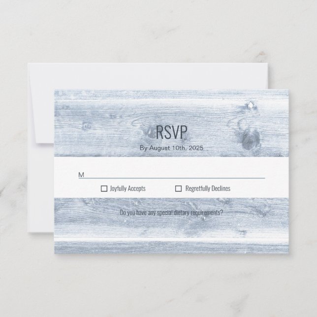 Rustic Dusty Blue Wood Wedding RSVP Card (Front)