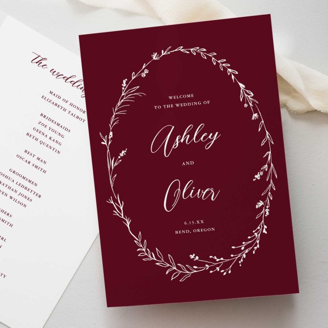 Rustic Dusty Burgundy Wildflower Wreath Wedding Program (Creator Uploaded)