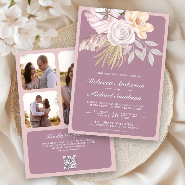 Rustic Dusty Mauve Pink Floral QR Code Wedding Invitation (Creator Uploaded)