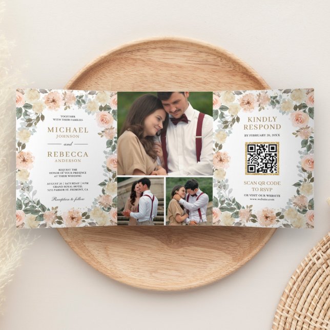 Rustic Dusty Peach Floral Photo QR Code Wedding Tri-Fold Invitation (Creator Uploaded)