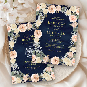 Rustic Dusty Peach Floral QR Code Navy Wedding Invitation