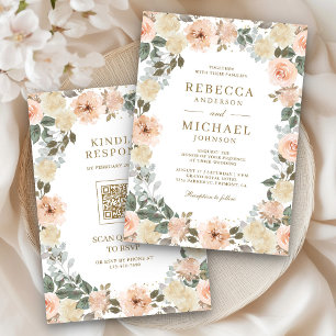 Rustic Dusty Peach Floral QR Code Wedding Invitation