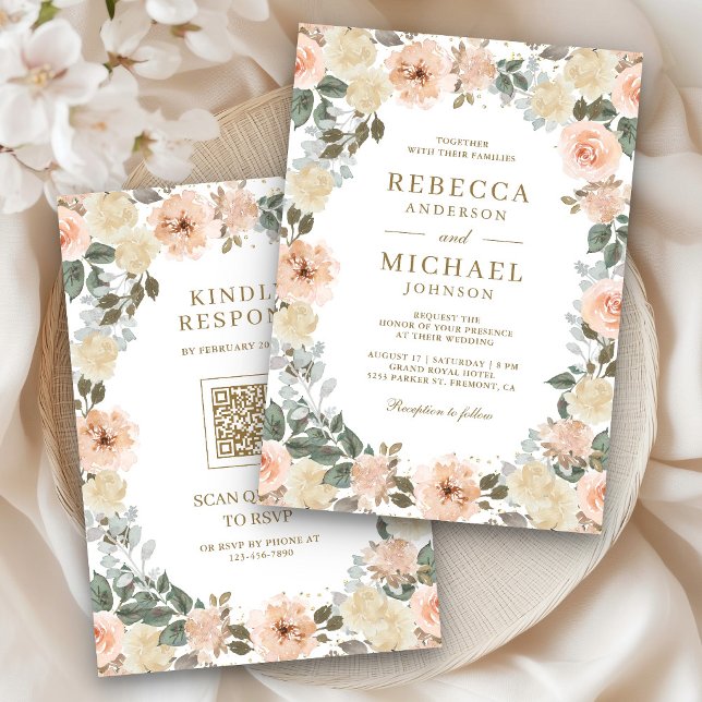 Rustic Dusty Peach Floral QR Code Wedding Invitation (Creator Uploaded)