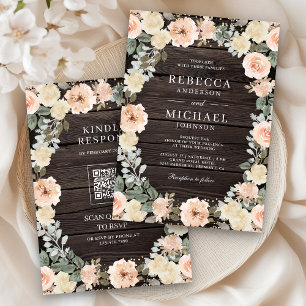 Rustic Dusty Peach Floral QR Code Wood Wedding Invitation
