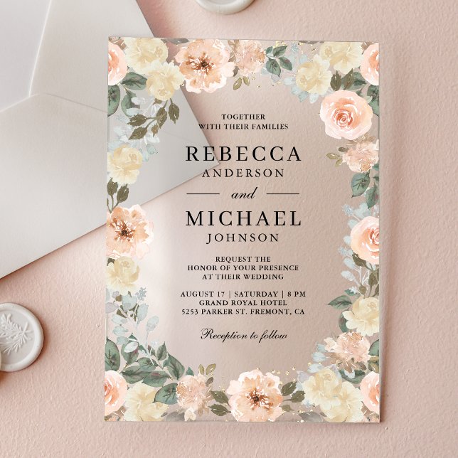 Rustic Dusty Peach Floral Wedding Acrylic Invitations (Creator Uploaded)