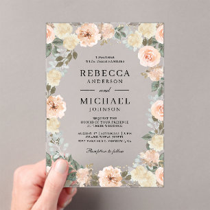 Rustic Dusty Peach Floral Wedding Acrylic Invitations