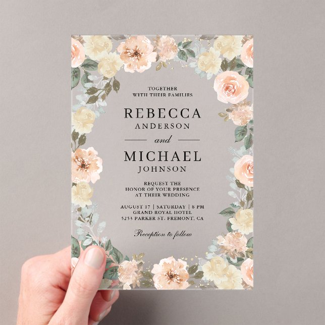 Rustic Dusty Peach Floral Wedding Acrylic Invitations (Insitu (Handheld))