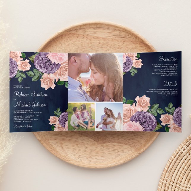 Rustic Dusty Peach Purple Floral Navy Blue Wedding Tri-Fold Invitation (Creator Uploaded)