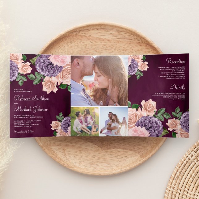Rustic Dusty Peach Purple Floral Plum Wedding Tri-Fold Invitation (Creator Uploaded)