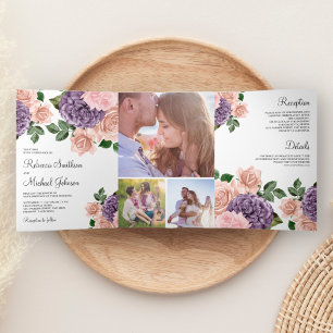 Rustic Dusty Peach Purple Floral Wedding Tri-Fold Invitation