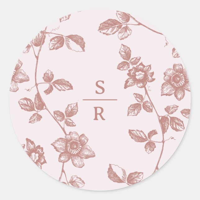 Rustic Dusty Pink Floral Monogram Wedding Classic Round Sticker (Front)