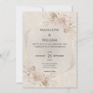 Rustic Dusty Pink Roses & Wildflowers Wedding Invitation