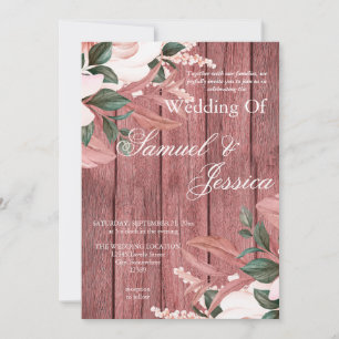  Rustic Dusty Pink Wood Floral Wedding Invitation